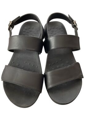 Vionic Black Leather Wedge Open-Toe Platform Adjustable Strap Comfort Sandals